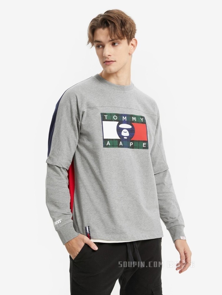 Tommy【AAPE联名】22新款春夏纯棉迷彩印花假两件长袖T恤13724