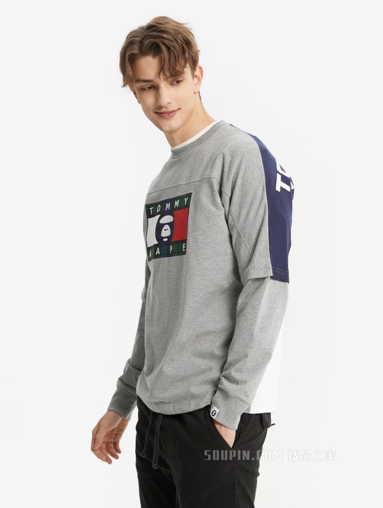 Tommy【AAPE联名】22新款春夏纯棉迷彩印花假两件长袖T恤13724