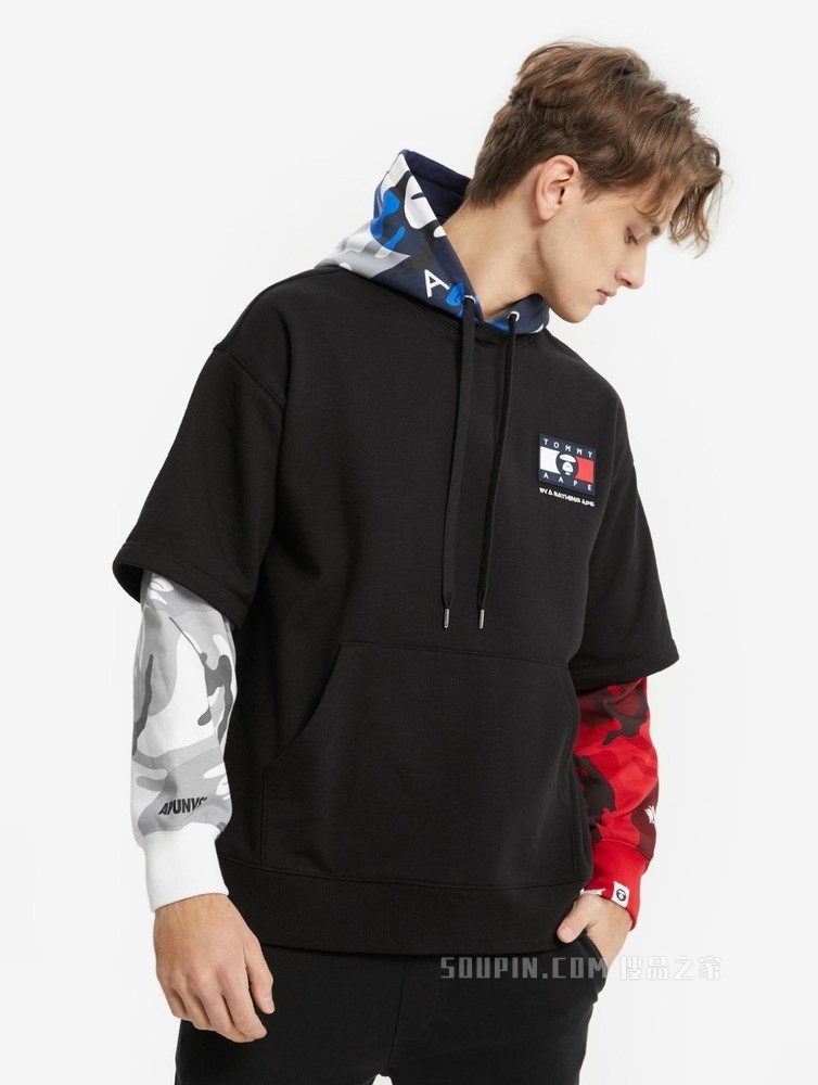 Tommy【AAPE联名】22新款春季迷彩拼接假两件抽绳连帽卫衣13731