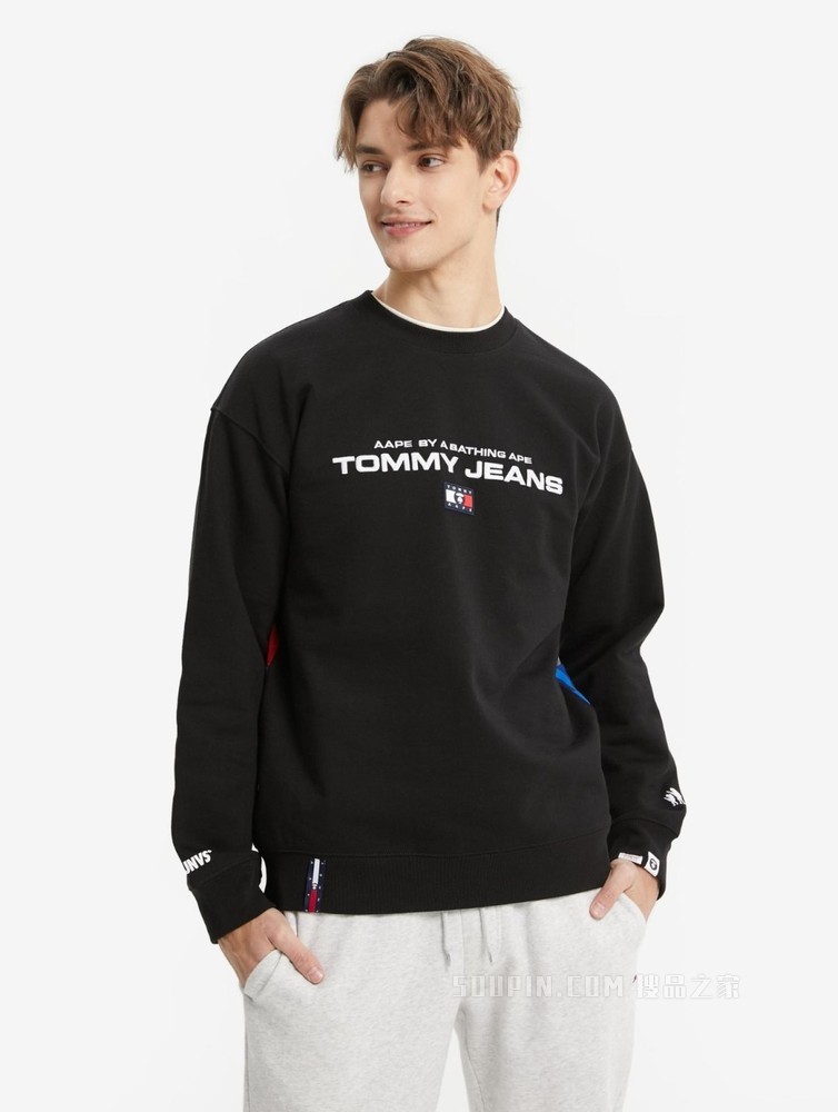 Tommy【AAPE联名】22新款春季拼接格纹LOGO宽松套头卫衣13729