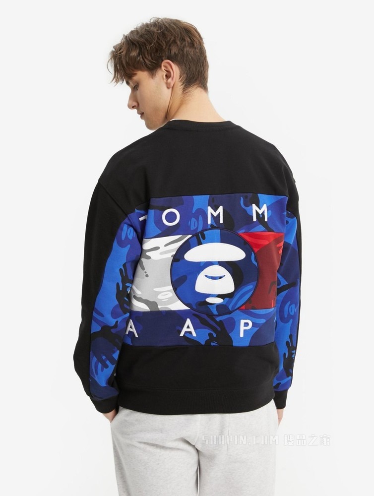 Tommy【AAPE联名】22新款春季拼接格纹LOGO宽松套头卫衣13729