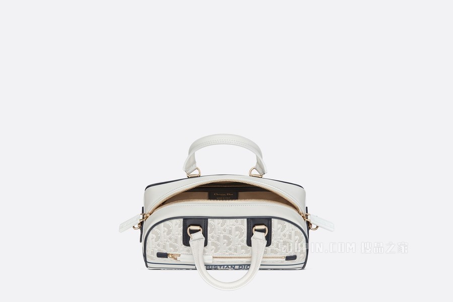 小号 Dior Vibe 拉链 Bowling 手袋 白色和蓝色镂空和压花牛皮革 Oblique 印花效果