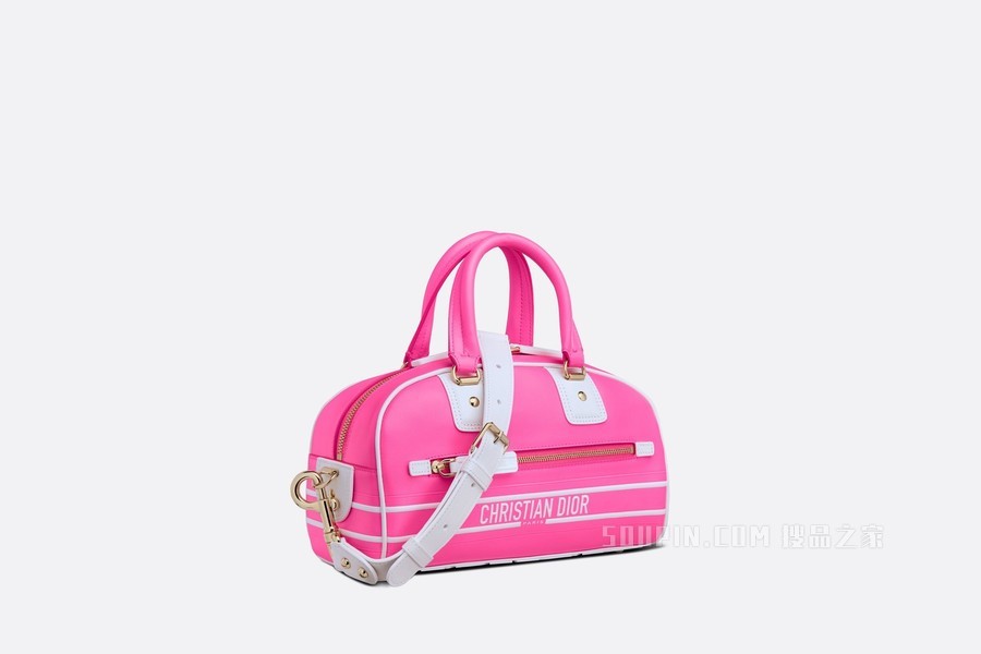 小号 Dior Vibe 拉链 Bowling 手袋 荧光粉色和白色光滑牛皮革