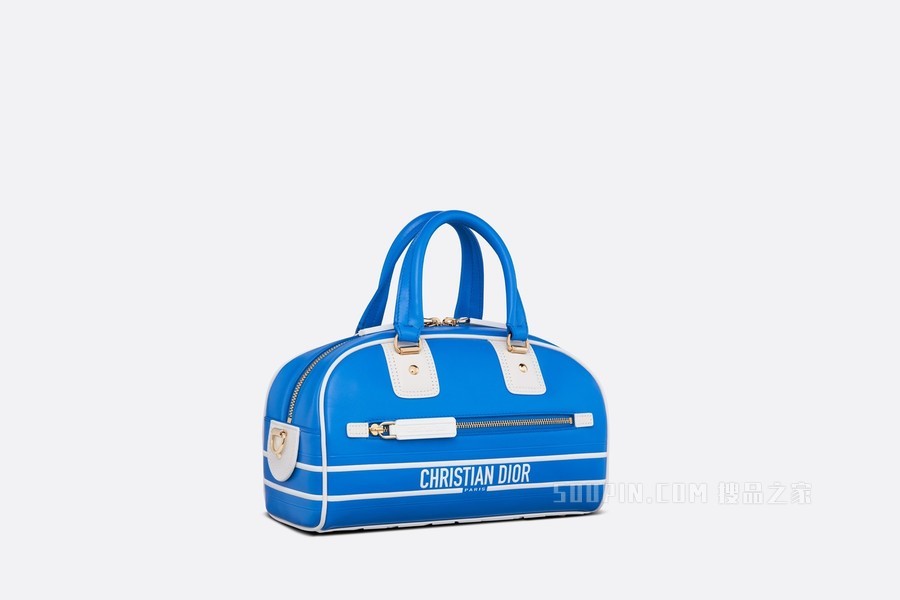 小号 Dior Vibe 拉链 Bowling 手袋 荧光蓝色和白色光滑牛皮革