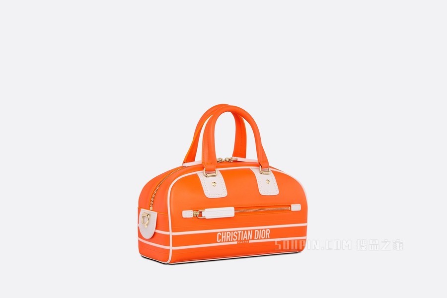 小号 Dior Vibe 拉链 Bowling 手袋 荧光橙色和白色光滑牛皮革