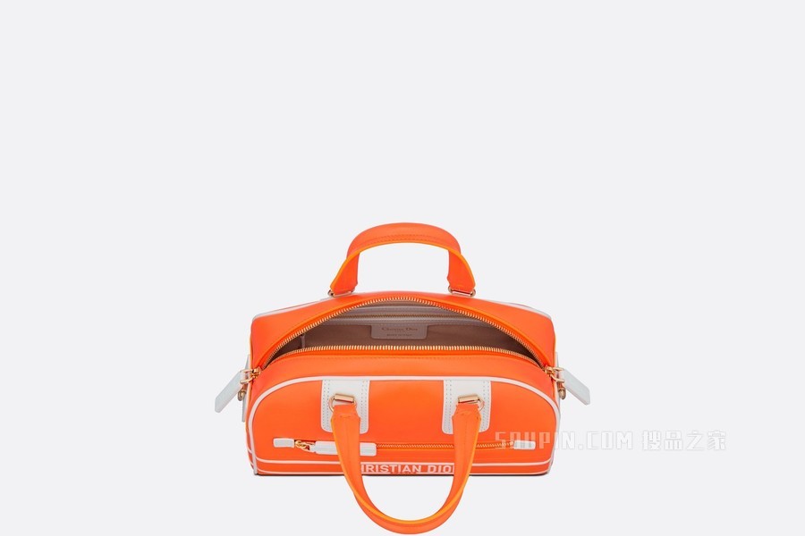 小号 Dior Vibe 拉链 Bowling 手袋 荧光橙色和白色光滑牛皮革