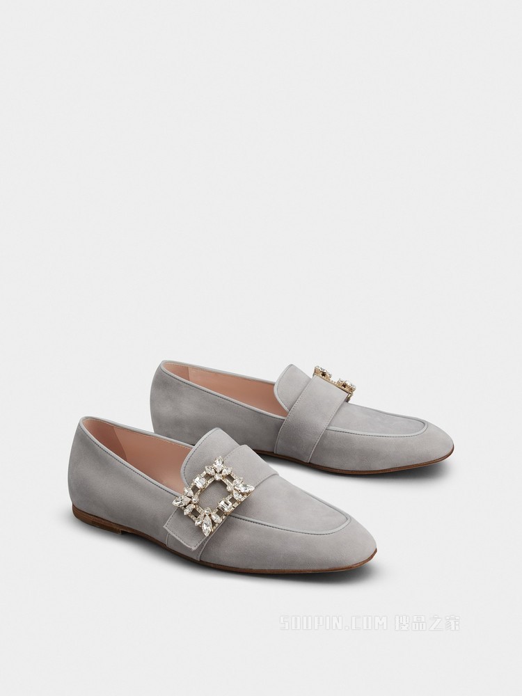 Mini Broche Vivier Buckle Loafers in Suede 灰色