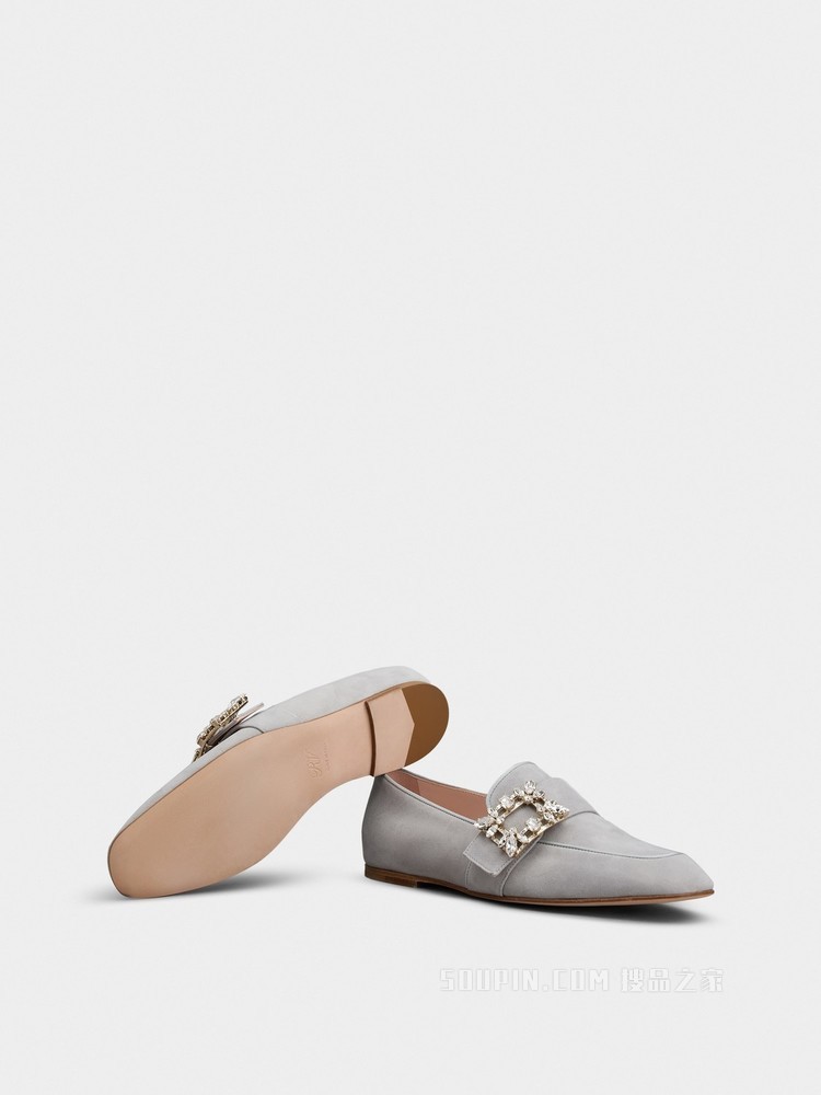 Mini Broche Vivier Buckle Loafers in Suede 灰色