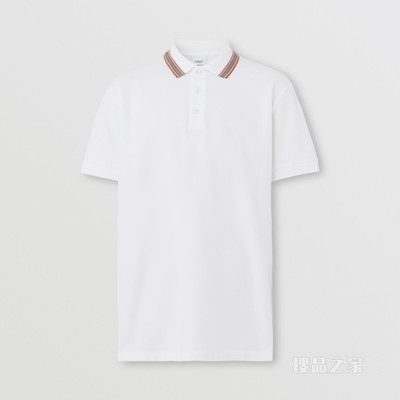 标志性条纹衣领珠地网眼布棉质 Polo 衫 (白色) - 男士