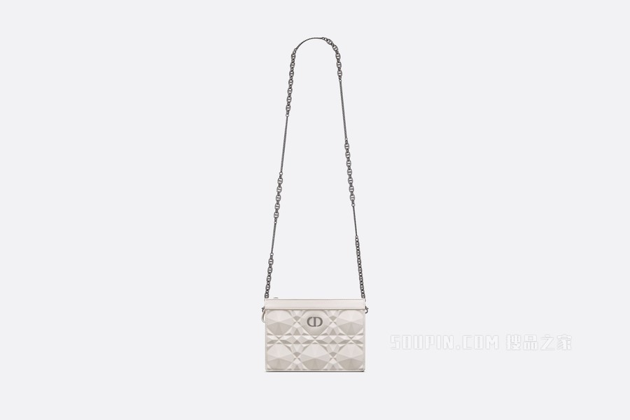 细长款 Dior Caro 链条手袋 奶白色牛皮革超大钻石形图案藤格纹
