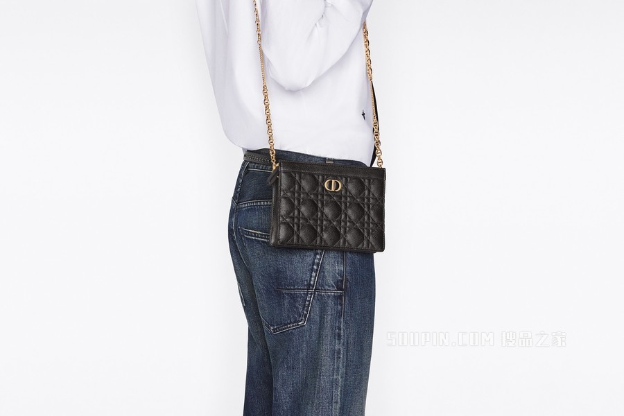 细长款 Dior Caro 链条手袋 奶白色牛皮革超大钻石形图案藤格纹
