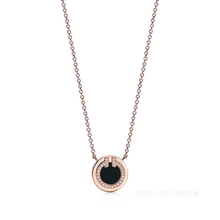 Tiffany T 系列 18K 玫瑰金镶嵌钻石和黑色缟玛瑙圈形项链，小号。