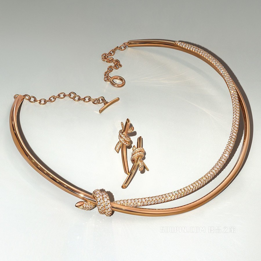 Tiffany Knot 系列 18K 玫瑰金镶钻双行项链