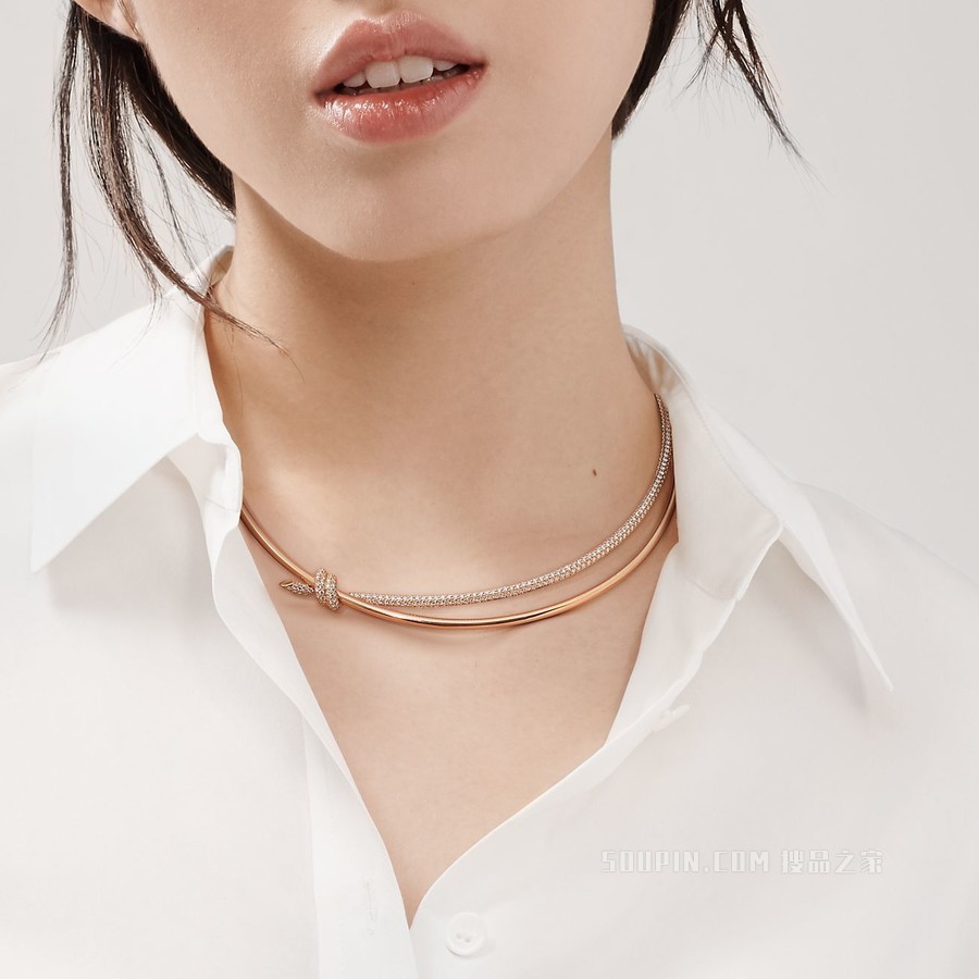 Tiffany Knot 系列 18K 玫瑰金镶钻双行项链
