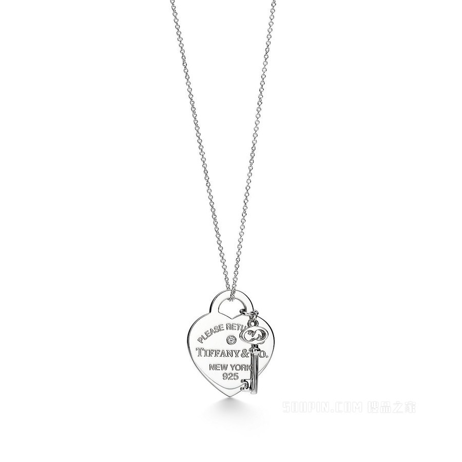 Return to Tiffany™ 系列纯银镶钻心形吊饰钥匙扣项链，中号