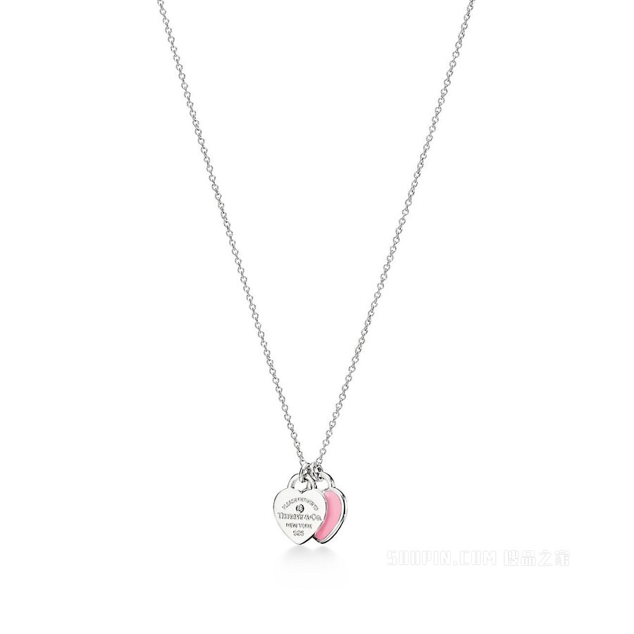 Return to Tiffany™ 系列纯银镶钻粉色 Double Heart Tag 项链，迷你号