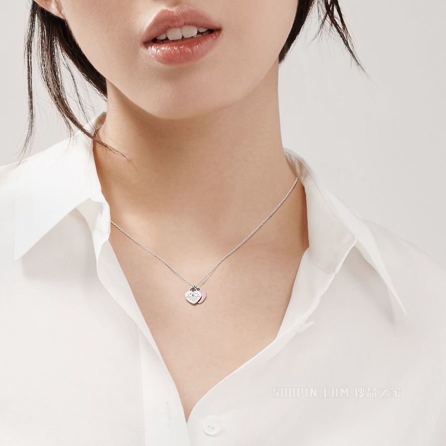 Return to Tiffany™ 系列纯银镶钻粉色 Double Heart Tag 项链，迷你号