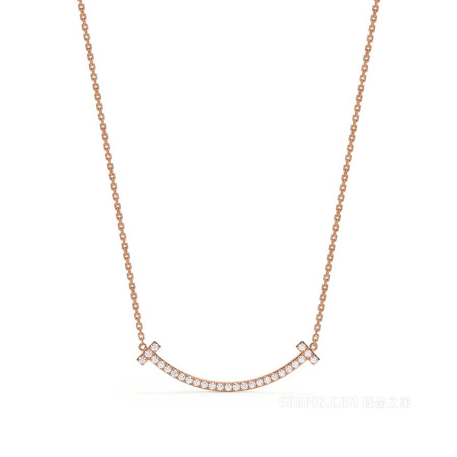 Tiffany T 系列 18K 玫瑰金镶钻中号 Smile 项链。