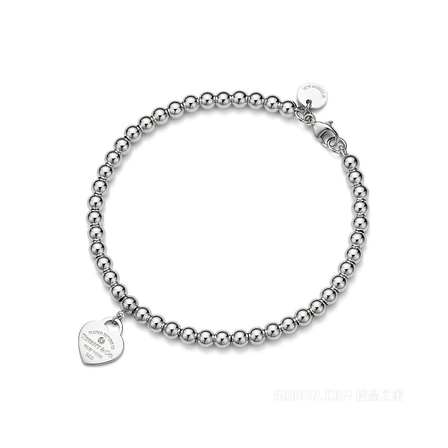 Return to Tiffany™ 系列纯银镶钻 Heart Tag 珠式手链，4 毫米