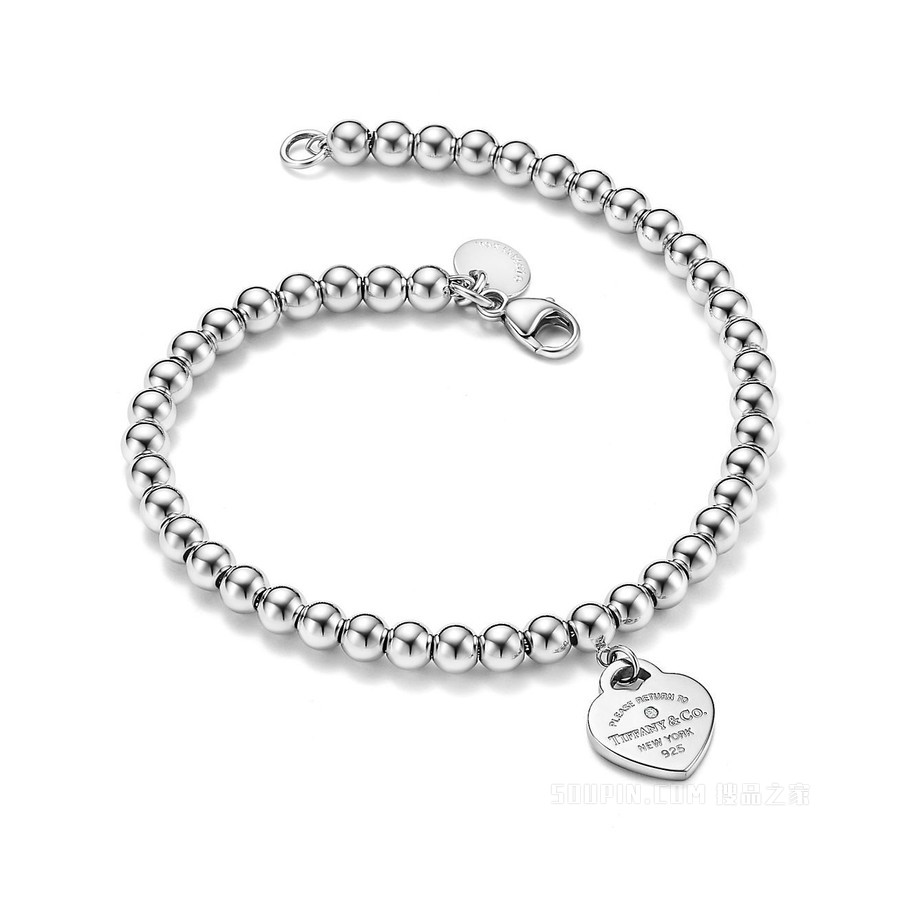 Return to Tiffany™ 系列纯银镶钻 Heart Tag 珠式手链，4 毫米