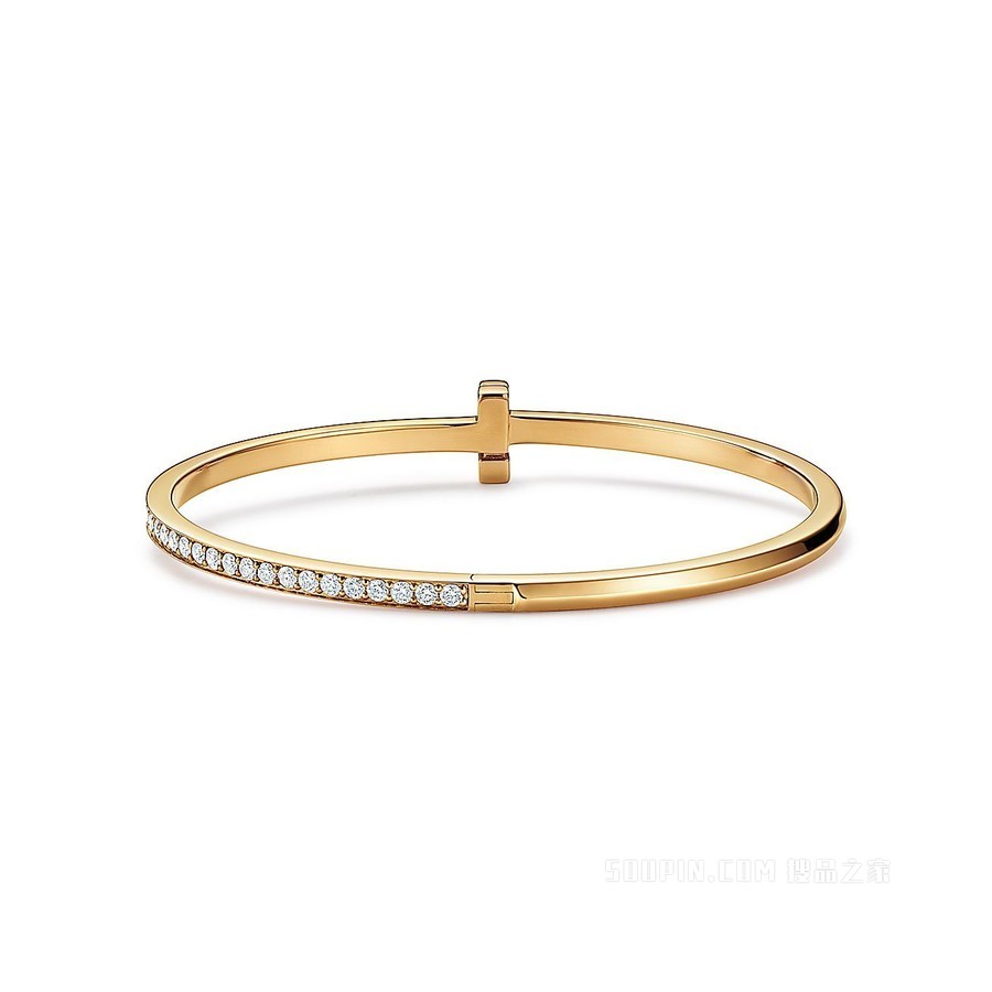 【Tiffany/蒂芙尼】Tiffany T 系列 T1 18K 黄金镶钻窄式手镯，中号。 68315689-搜品之家