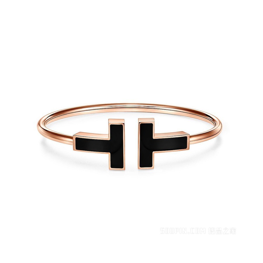 Tiffany T 系列 18K 玫瑰金大号黑色缟玛瑙线圈手链，中号。