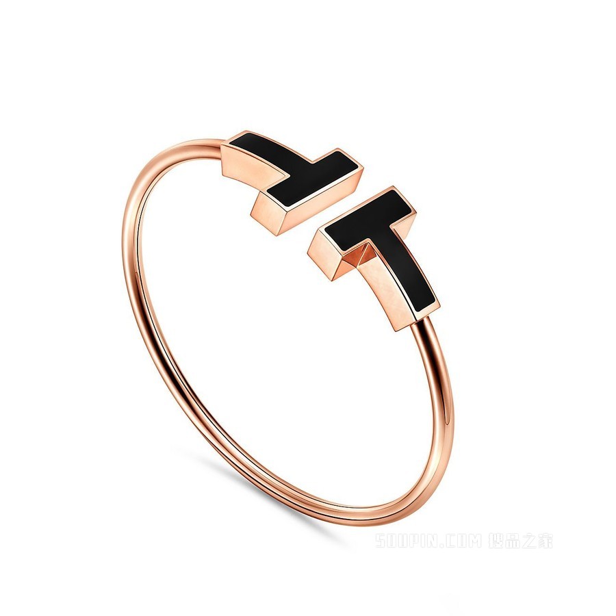 Tiffany T 系列 18K 玫瑰金大号黑色缟玛瑙线圈手链，中号。