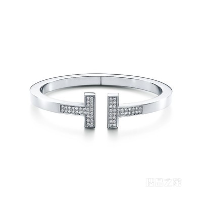 Tiffany T 系列 18K 白金铺镶钻石方形手镯，大号。