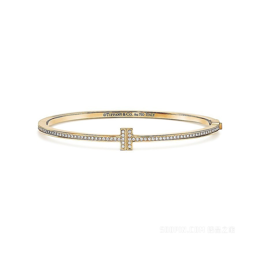 Tiffany T 系列 18K 黄金镶钻铰链线圈手镯，中号。