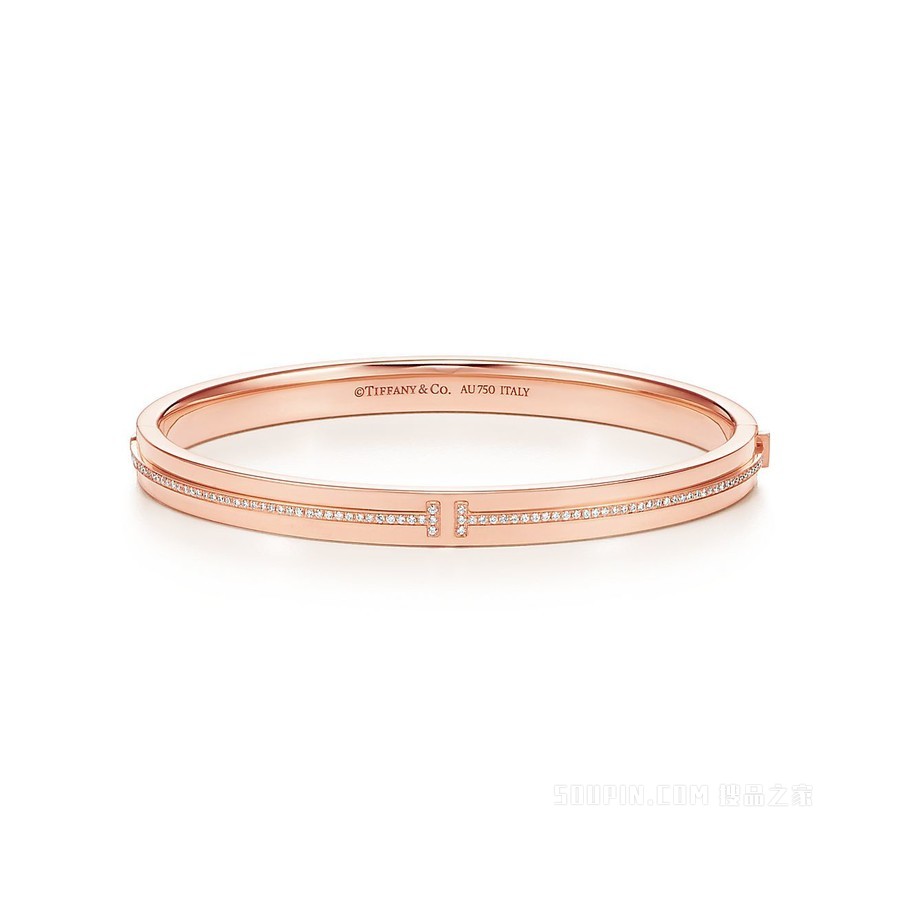 Tiffany T 系列 18K 玫瑰金镶钻铰链手镯，中号。