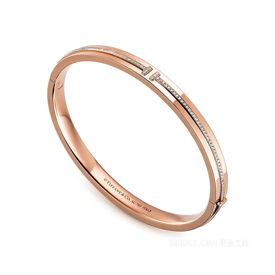Tiffany T 系列 18K 玫瑰金镶钻铰链手镯，中号。
