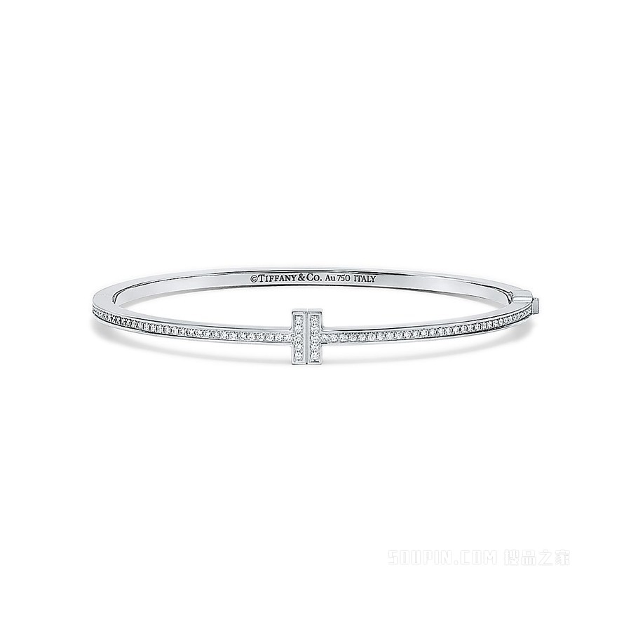 Tiffany T 系列 18K 白金镶钻铰链线圈手镯，中号。