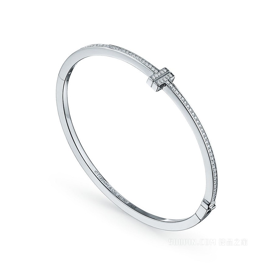 Tiffany T 系列 18K 白金镶钻铰链线圈手镯，中号。