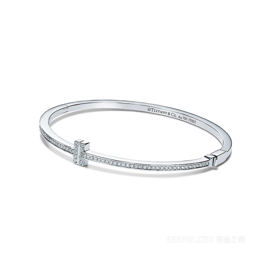 Tiffany T 系列 18K 白金镶钻铰链线圈手镯，中号。