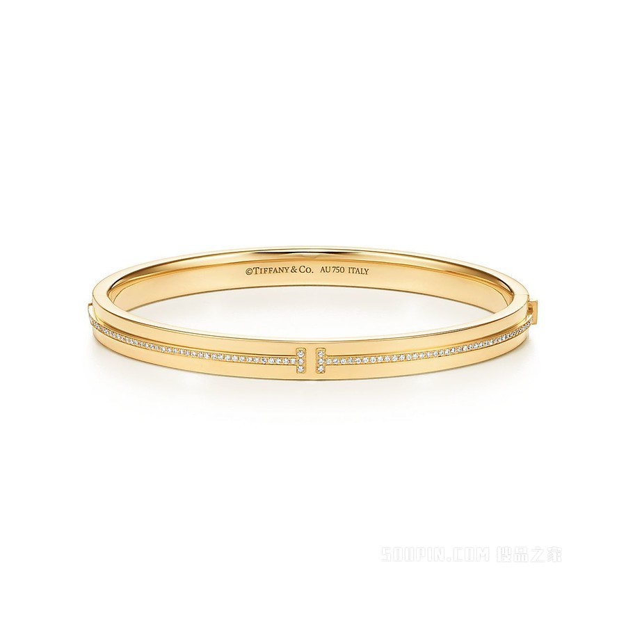 Tiffany T 系列 18K 黄金镶钻铰链手镯，中号。