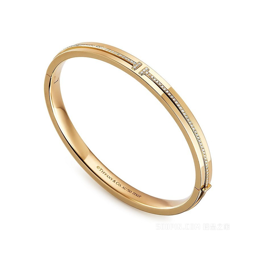 Tiffany T 系列 18K 黄金镶钻铰链手镯，中号。