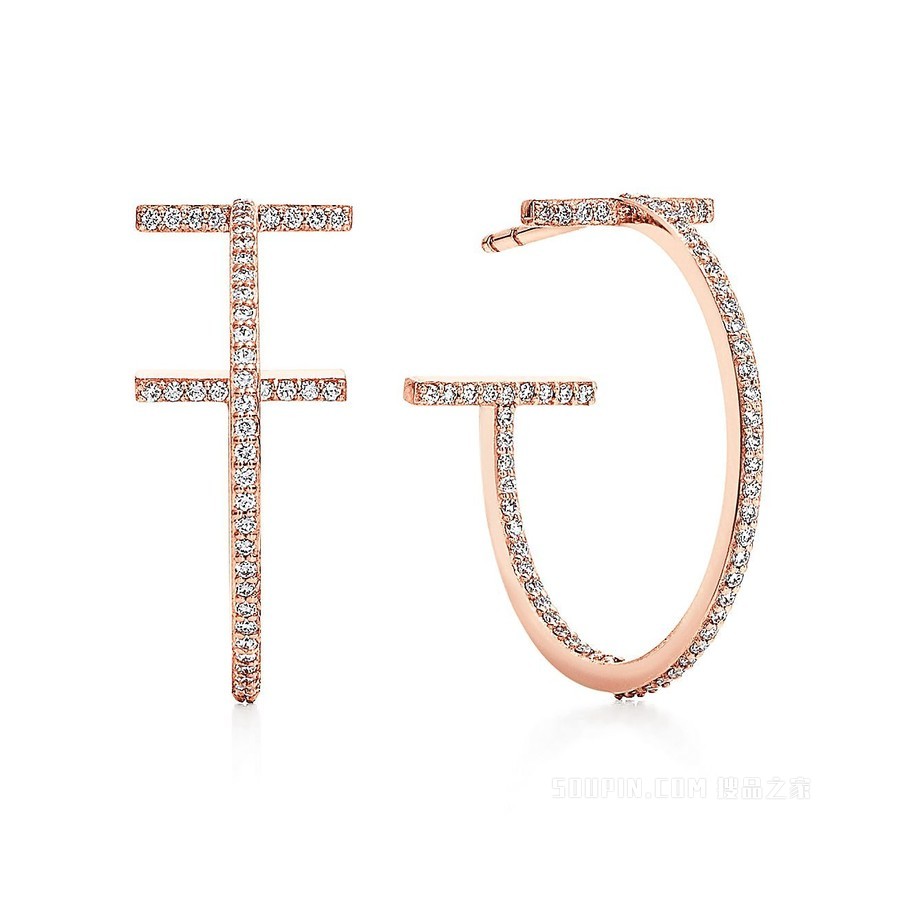 Tiffany T 系列 18K 玫瑰金镶钻圈形耳环，中号。