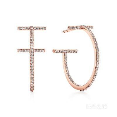 Tiffany T 系列 18K 玫瑰金镶钻圈形耳环，中号。
