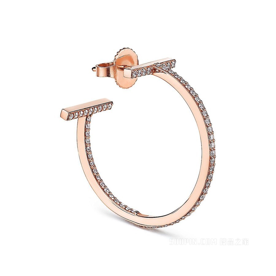 Tiffany T 系列 18K 玫瑰金镶钻圈形耳环，中号。