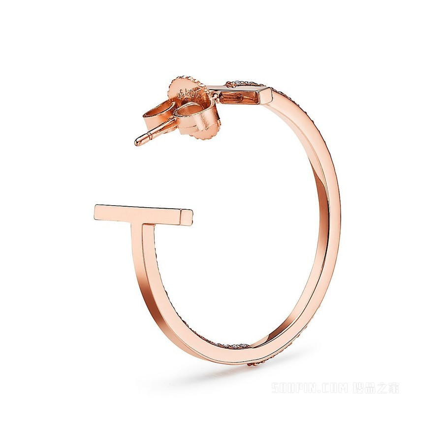 Tiffany T 系列 18K 玫瑰金镶钻圈形耳环，中号。
