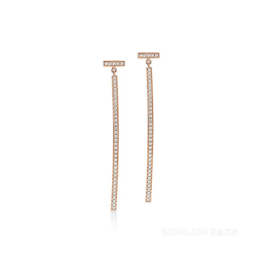 Tiffany T 系列 18K 玫瑰金镶钻条形耳环。