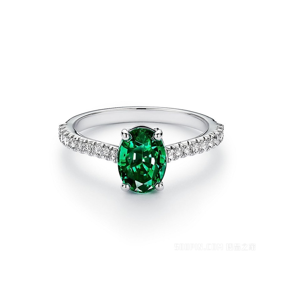 Tiffany Novo® 系列铂金铺镶钻石椭圆形祖母绿戒指