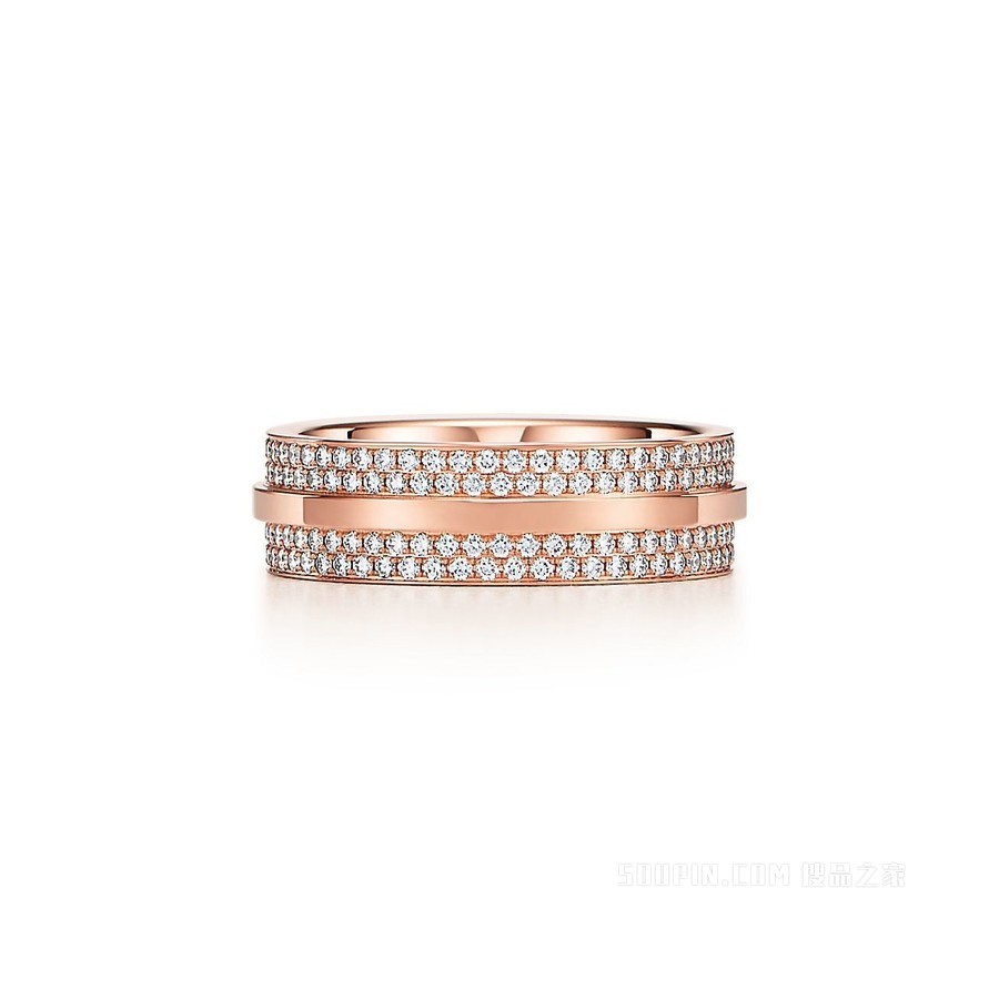Tiffany T 系列 18K 玫瑰金铺镶钻石宽式戒指，宽 5.8 毫米。