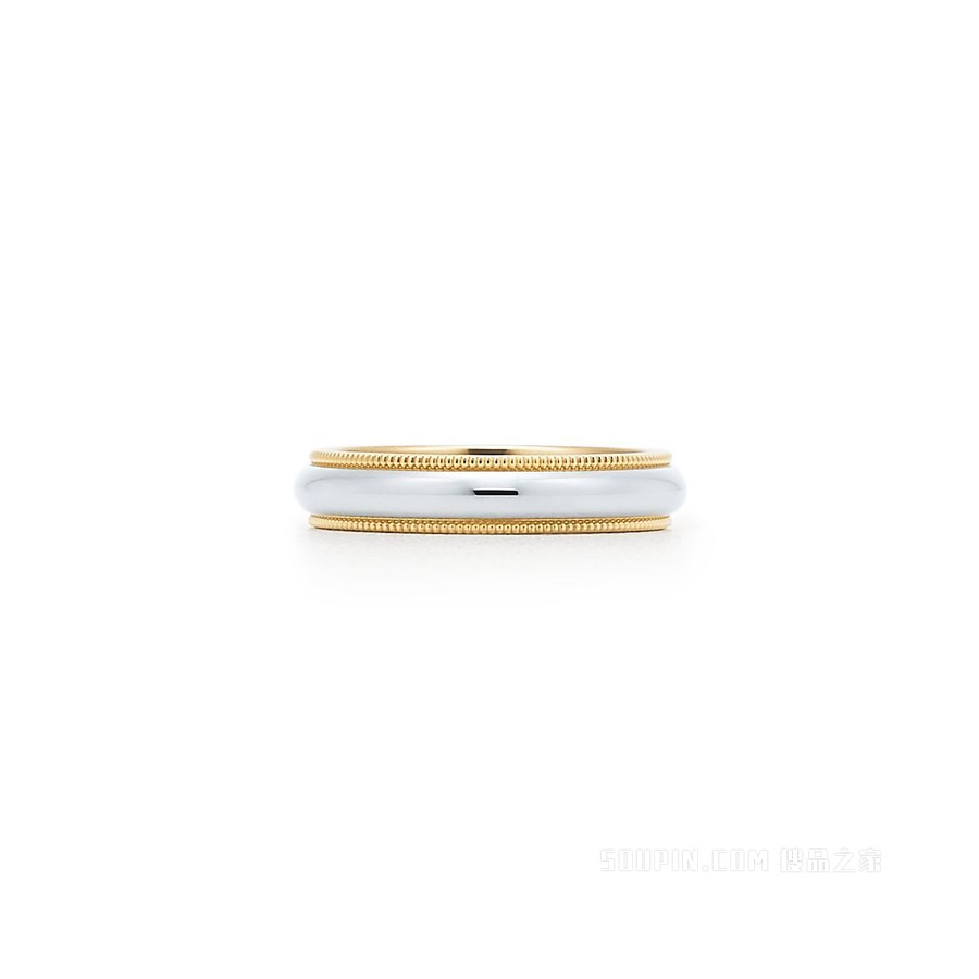 Tiffany Classic™ 系列铂金及 18K 黄金珠形边饰婚戒，4 毫米宽。