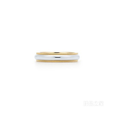 Tiffany Classic™ 系列铂金及 18K 黄金珠形边饰婚戒，4 毫米宽。