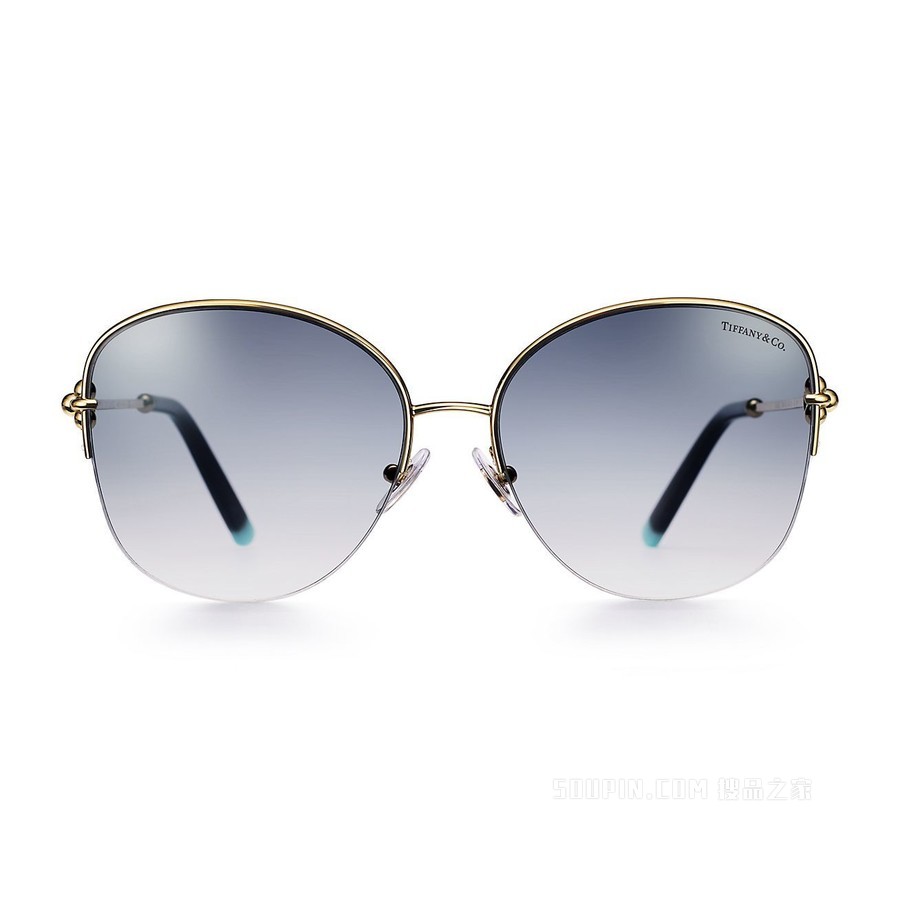 Tiffany HardWear 系列蓝色镜片淡金色金属镜框太阳镜