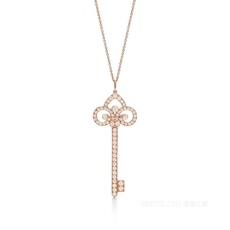 Tiffany Keys 系列 18K 玫瑰金镶钻鸢尾花钥匙吊坠，大号。