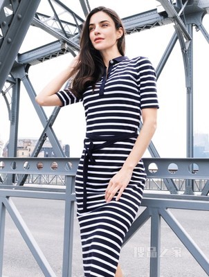 Tommy 春夏女装通勤条纹系带收腰翻领开叉POLO连衣裙WW0WW30370