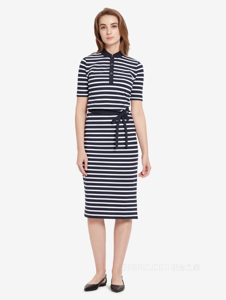 Tommy 春夏女装通勤条纹系带收腰翻领开叉POLO连衣裙WW0WW30370