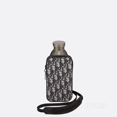 Dior Aqua 水瓶和瓶托搭配肩带和手机套 米色和黑色 Oblique 印花面料、黑色粒面牛皮革和不锈钢搭配肩带和手机套